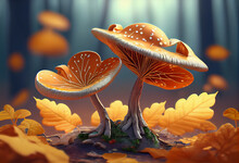 Beautiful Abstract, Mushroom On Autumn Leaves Background. Generative AI Technology.
