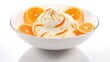 Orange creamsicle ice cream in a dish with orange segments and vanilla cream swirls on White Background with copy space for your text created with generative AI technology