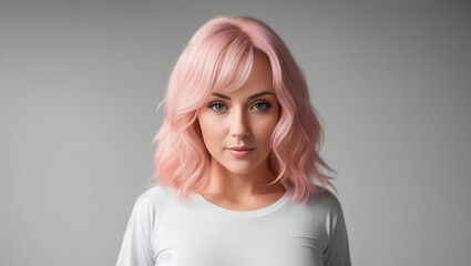 Wall Mural - Serious adult woman with pink hair and bangs. Empty background with copy space. Generative AI.