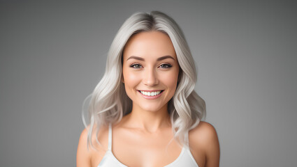 Wall Mural - Happy female with silver, wavy hair. Empty background with copy space. Generative AI.