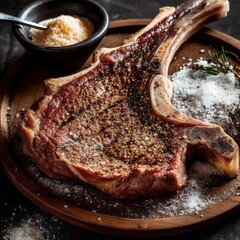 Canvas Print - Grilled beef steak with salt and pepper on black background. Grilled striploin sliced steak. Juicy thick grilled beef steak seasoned BBQ. AI