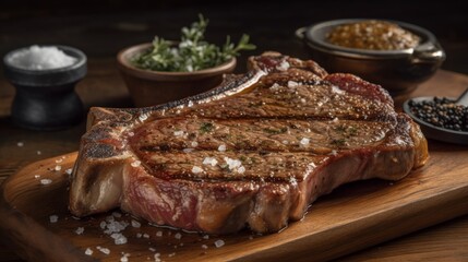 Canvas Print - Grilled beef steak with salt and pepper on black background. Grilled striploin sliced steak. Juicy thick grilled beef steak seasoned BBQ. AI