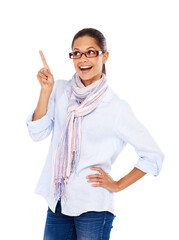 Point, smile and excited face of woman with hand on png, isolated and transparent background. Promotion, branding and happy female person with pointing sign for decision, advertising and information