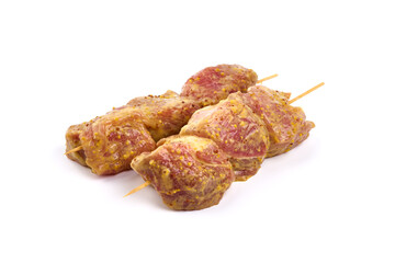 Sticker - Raw pork skewers, ready to cook, kebab BBQ, isolated on white background.