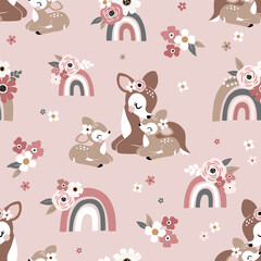 Wall Mural - Seamless vector pattern with cute vintage deer, mom and baby fawn with rainbows and tiny flowers. Perfect for textile, wallpaper or nursery print design.