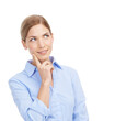 © Harsh/peopleimages.com - Business woman, thinking and hand on face for ideas with happy mindset, planning or memory. Inspiration, decision and female worker isolated on a transparent, png background for question or solution