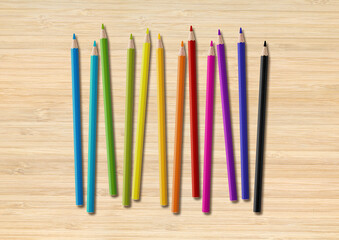 Poster - Colored pencil group isolated on wooden background. Horizontal background