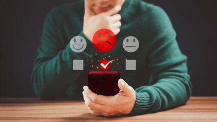 Poster - Assessment testimonial review for dislike service and low quality. Business service concept of customer experience dissatisfied by smartphone. Man client with angry emotion face on virtual screen.