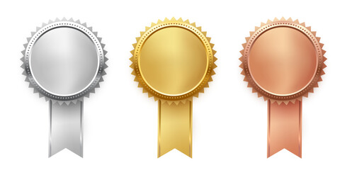 Wall Mural - gold, silver and bronze medals with ribbon set, trophy metal reward badges for winners