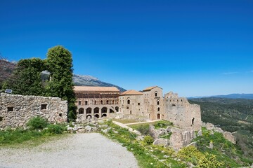 Poster - Beautiful shot of the historic ruins of a Byzantine Church in medieval city of Mystras,Greece