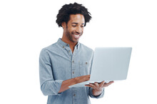 Happy Man, Laptop And Typing On Internet Isolated On Transparent, Png Background For Email. Black Male Model Smile For Computer Research, Connection Or Funny Social Media Meme Or Programming Success