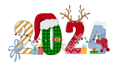 Hand drawn doodle number of 2024 with scarf,  santa hat, antler and garlands. Happy new year. Christmas design for poster, banner, t shirt, card, flyer. Vector illustration