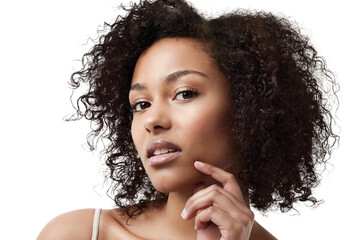 Poster - Skincare, makeup and portrait of a woman with natural hair care and confidence from beauty glow. Dermatology, young face and female person with youth Isolated on a transparent, png background