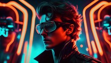 Close-up Man Wearing Virtual Reality Glasses In Cyberpunk Style By Generative AI