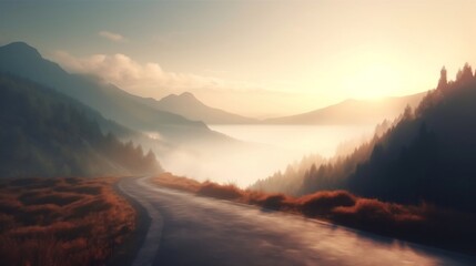 Wall Mural - foggy road in the mountains at sunset. 3d rendering. generative AI