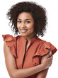 © Harsh/peopleimages.com - Portrait, fashion and happy black woman relax on isolated, transparent and png background. Face, smile and stylish african girl model posing, carefree and cheerful, excited and satisfaction indoors