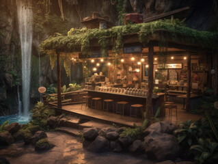 Bar in the jungle with a waterfall in the background. Generative AI