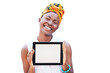 © Harsh/peopleimages.com - Portrait, tablet and screen with a black woman isolated on a transparent background for advertising. Face, smile and PNG with a happy african person showing space on a blank display for marketing