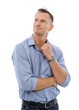 © Harsh/peopleimages.com - Thinking, solution or thoughtful businessman with a vision isolated on transparent png background alone. Wondering, planning or mature person brainstorming or dreaming of startup ideas or future