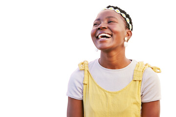 woman, laughing and thinking of funny idea or memory isolated on a transparent png background. natur