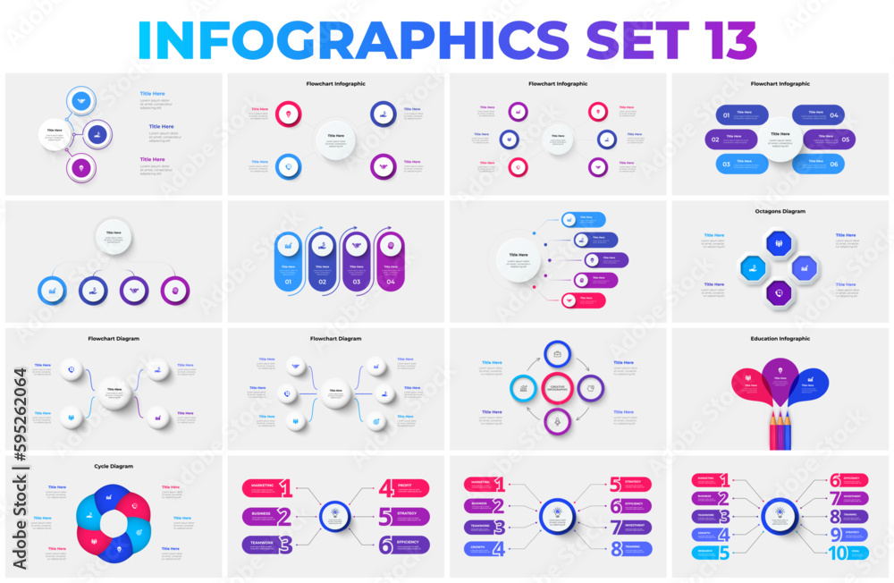 Slideshow Diagram Examples Collection of infographic presentation slides with flowcharts, pencil ...