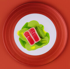 Wall Mural - Tuna sashimi and pea puree on plate