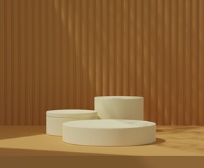 3d background product with three podiums and orange brown wall
