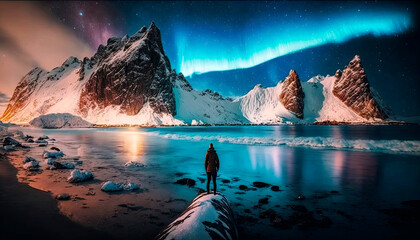 Wall Mural - Stunning generative AI illustration epic landscape of Northern Lights Aurora Borealis over mountain lake and snowcapped peaks