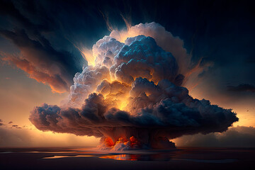 Wall Mural - Generative AI illustration image of nuclear explosion mushroom cloud with lightning and detailed formations and air flow