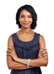 Sticker - Business woman, portrait and arms crossed from Atlanta feeling proud. Happy female model employee, confidence and pride with fashion style and beauty isolated on a transparent, png background