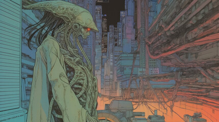 Sticker - intricate alien cyberpunk landscape - by generative ai