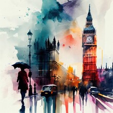 London In Watercolor Style By Generative AI