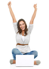 Laptop, winning and woman in portrait isolated on transparent, png background for competition, prize or bonus Success, freedom and arms in air of person or winner on computer for celebration of news