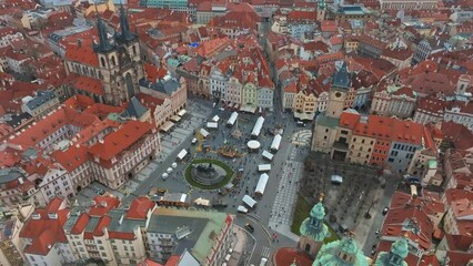 Wall Mural - Panoramic aerial view of old Town square in Prague on a beautiful summer day, Czech Republic. Church of our Lady before Tyn and Prague Astronomical Clock Tower