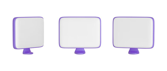  Set of purple monitors display at different position.  Cartoon 3d monitors. . Realistic cartoon  computer monitor icons . Screen mockup. 3D vector illustration