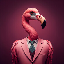 Realistic Lifelike Flamingo Bird In Dapper High End Luxury Formal Suit And Shirt, Commercial, Editorial Advertisement, Surreal Surrealism. 