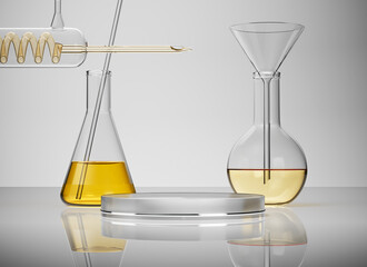 Cosmetic podium display with glass flask and cylinder equipment in medical science lab background, 3d rendering