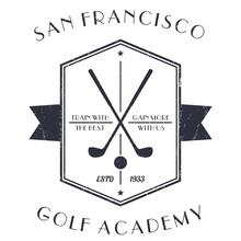 Golf Academy Vintage Logo, Emblem With Golf Clubs, With A Grunge Texture
