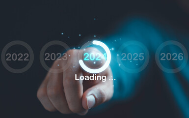Wall Mural - businessman touching virtual 2024 number and download for merry christmas and happy new year by tech