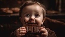 A Cute Child Eating Chocolate, With Face Covered In Chocolate Ai, Ai Generative, Illustration