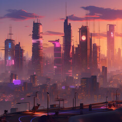 a megacity skyline at sunset