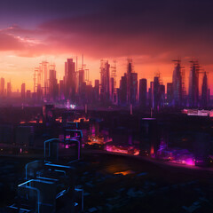 a megacity skyline at sunset