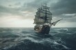 A stormy sea carries a 3D galleon ship. Generative AI