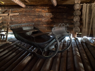 Wall Mural - Household items, wood products. Reconstruction of a peasant house, interior, on Kizhi Island, Karelia, northern Russia