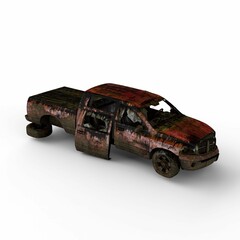 Sticker - 3D rendering of an old timeworn car isolated on a white background.