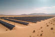 Solar farm in the middle of the desert, mountain range in the background, view from the distance