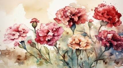  Beautiful tranquil watercolor of elegant pink, red and  orange carnations. Desktop background wallpaper. Generative AI