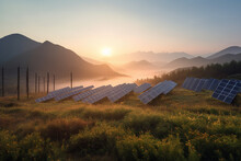 Solar Farm With Solar Panel On Top Of A Mountain Hill At The Countryside With Mountain Range In The Background During Sunrise