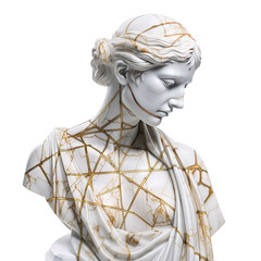 Une sculpture en marbre, statue d'une personne stoïcienne grecque ou romaine, représentant le stoïcisme. Avec de l'or et du noir, kintsugi