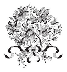 Sticker - lace  flowers and foliage. Vector illustration, bouquet.